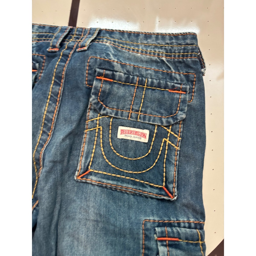 257 True Religion Mosaic Canyon Cargo Pant Big T Blue Denim Wide Leg Size 25 - Picture 8 of 8